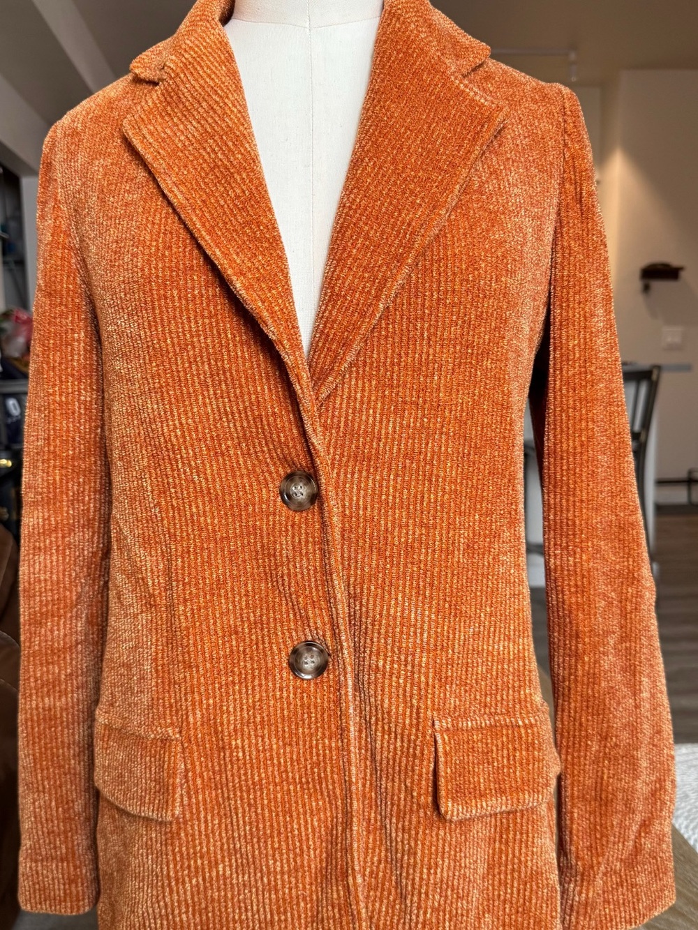 Women's Orange Chenille Blazer Jacket - Single-Breasted Tailored